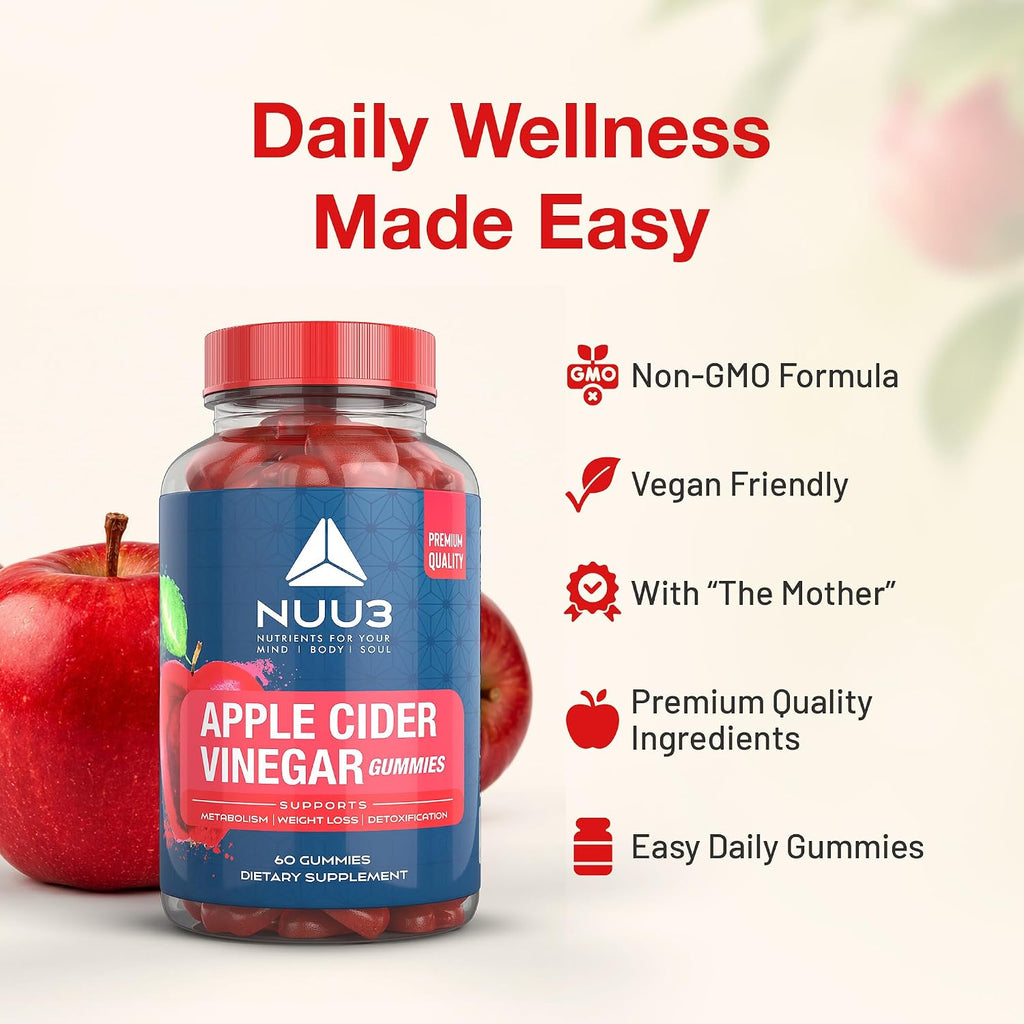 Gominolas de Vinagre de Manzana NUU3 con Folato, Yodo, Granada, Remolacha, Vitaminas B6 y B12 - 60 Unidades