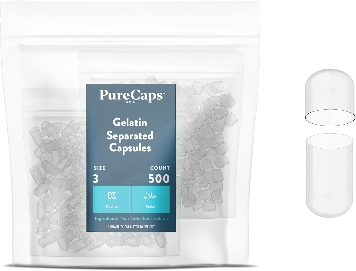 PureCaps USA - Cápsulas de Gelatina Vacías Tamaño 3 | 1000 Cápsulas Separadas | Transparentes | Certificadas Non-GMO | Sin SLS, Gluten, Conservantes
