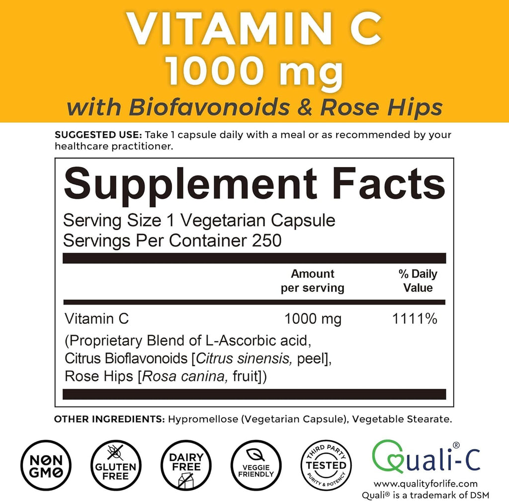 Viva Naturals Vitamin C 1000 mg with Citrus Bioflavonoids & Rose Hips – 250 Vegetarian Capsules