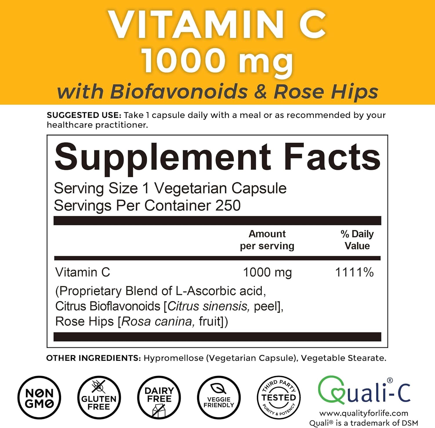 Viva Naturals Vitamin C 1000 mg with Citrus Bioflavonoids & Rose Hips – 250 Vegetarian Capsules