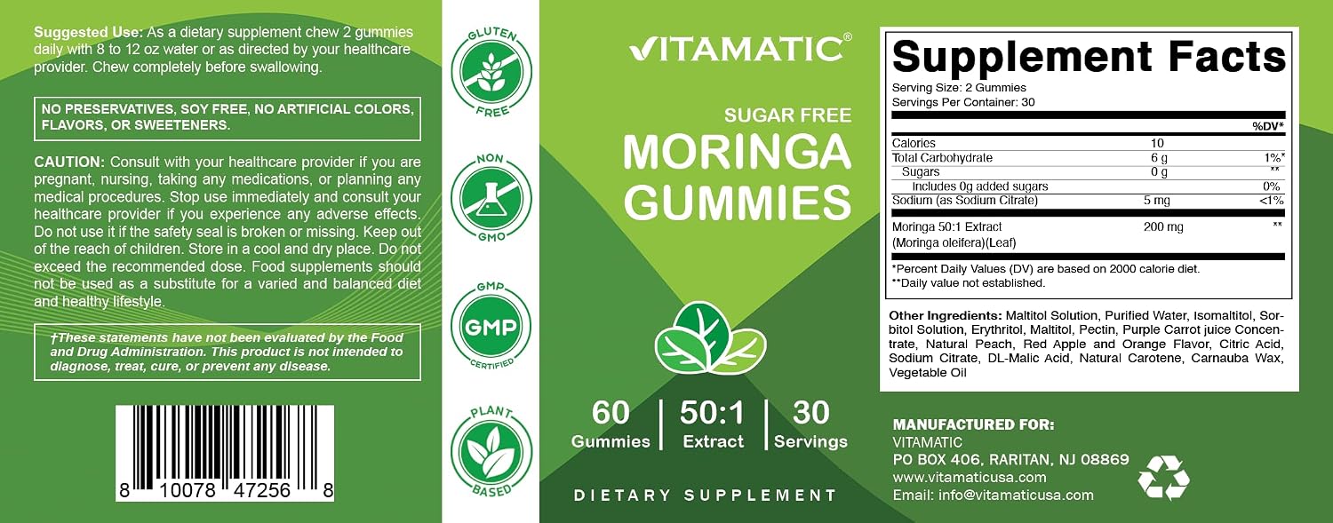Vitamatic Moringa Gummies - Extracto Botánico Sin Azúcar - 60 Gomitas Veganas