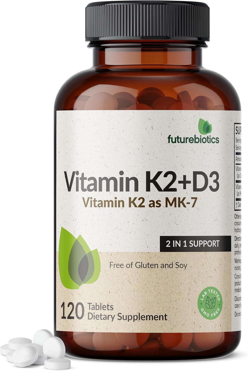 Futurebiotics Vitamina K2 con D3, 2 en 1, 5000 UI Vitamina D3 y 90 mcg Vitamina K2 MK-7, 120 Comprimidos