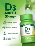 Nature's Truth Vitamina D3 400 UI (10 mcg) 100 Comprimidos Vegetarianos
