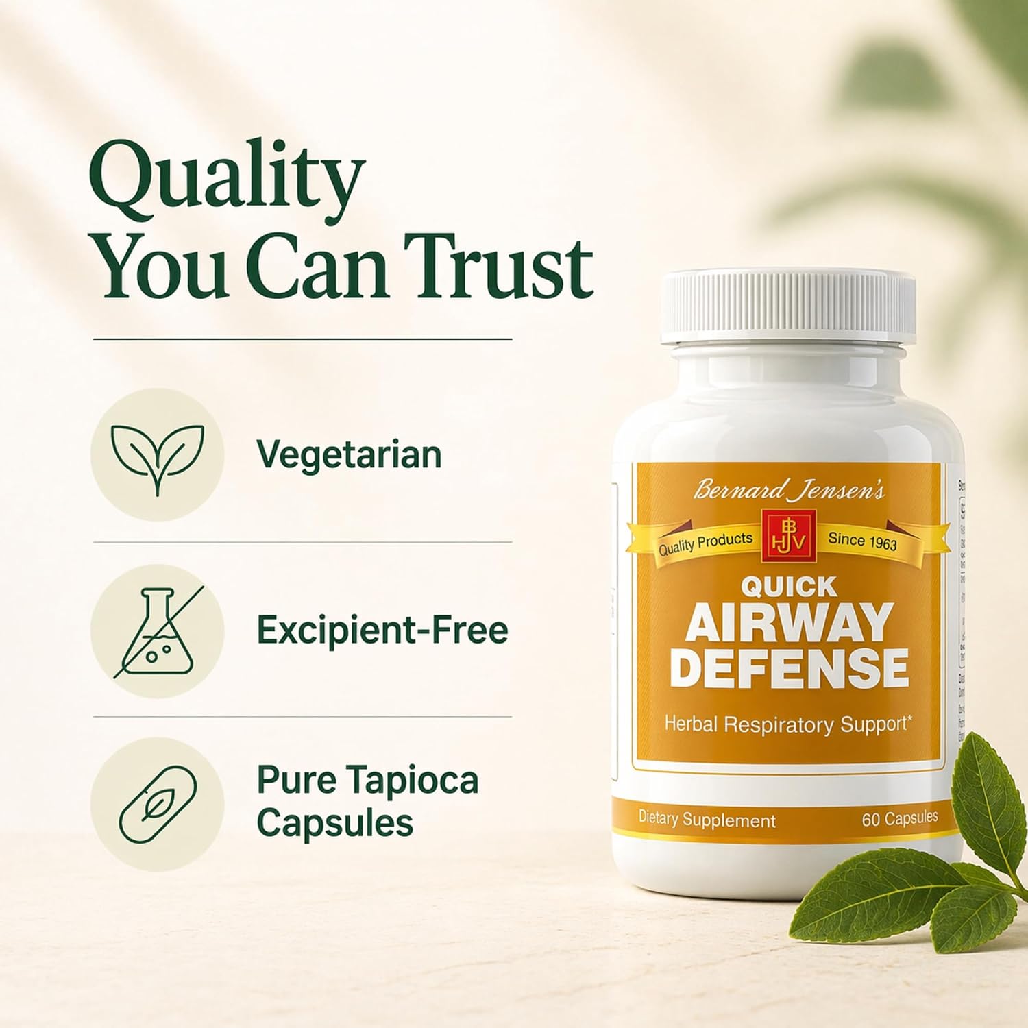 Bernard Jensen's Quick Airway Defense - 440 mg, 60 Cápsulas de Tapioca - Suplemento Herbal para el Apoyo Respiratorio