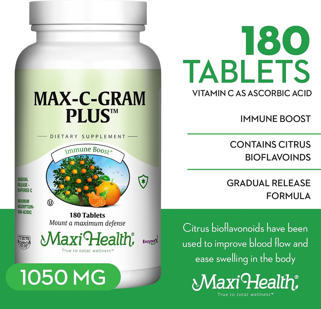 Maxi Health Vitamina C 1050mg – Buffered C Complex con Ascorbato de Calcio y Bioflavonoides – Liberación Prolongada – 90 Tabletas