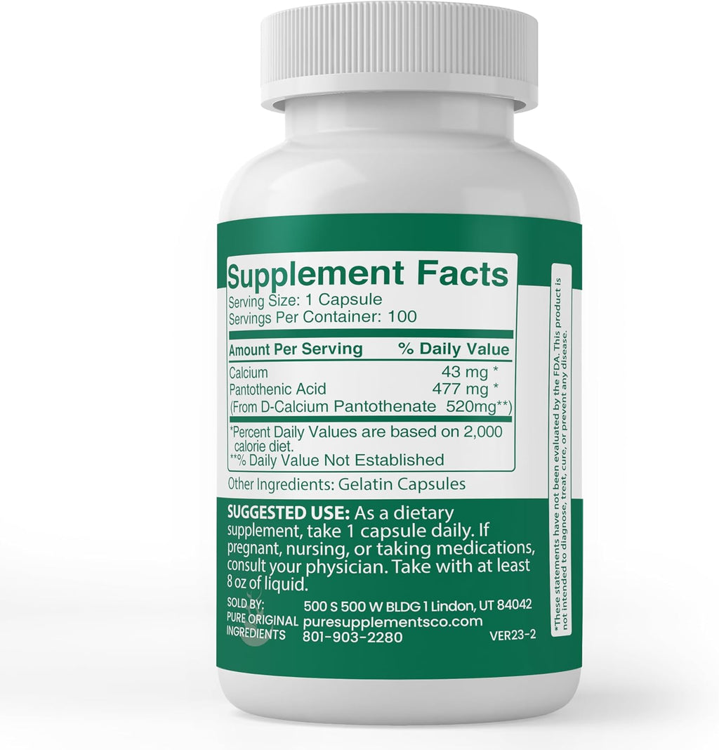 PURE ORIGINAL INGREDIENTS Ácido Pantoténico (100 Cápsulas) - Vitamina B5 Pura