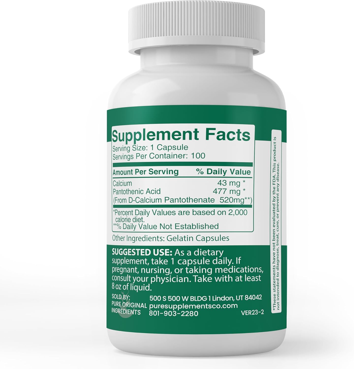 PURE ORIGINAL INGREDIENTS Ácido Pantoténico (100 Cápsulas) - Vitamina B5 Pura