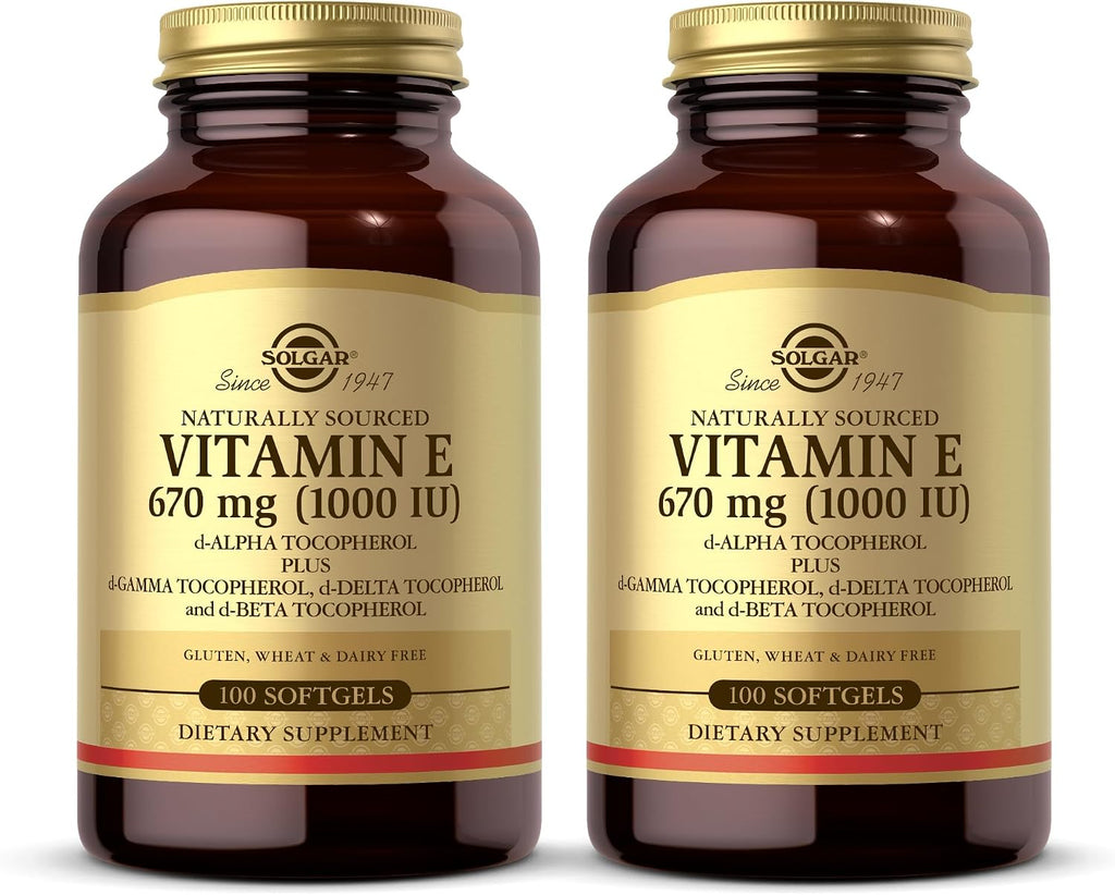 Solgar Vitamina E 670 mg (1000 UI) - 100 Cápsulas Blandas, Pack de 2 - Origen Natural - Sin Gluten, Sin Lácteos - 200 Dosis