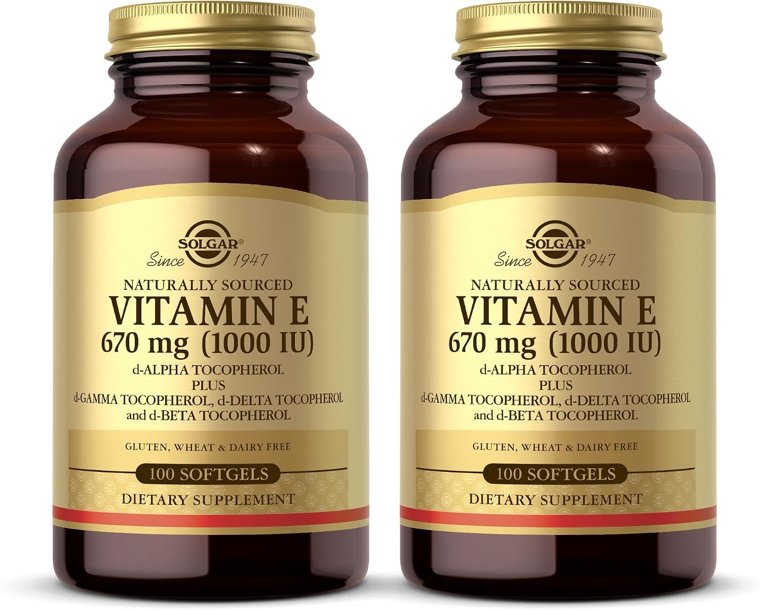 Solgar Vitamina E 670 mg (1000 UI) - 100 Cápsulas Blandas, Pack de 2 - Origen Natural - Sin Gluten, Sin Lácteos - 200 Dosis