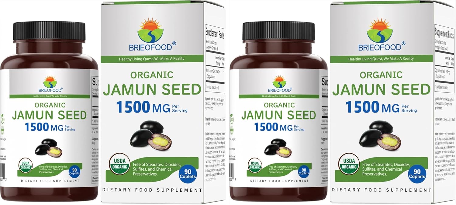 Brieofood Semilla de Jamun Orgánica 1500mg, 45 Raciones, Vegetariano, Sin Gluten, 90 Comprimidos Vegetarianos
