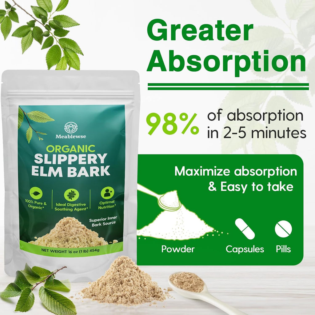 Slippery Elm en Polvo: Corteza Interior Superior 100% Pura, Vegana y sin OGM (1 lb / 349 porciones)