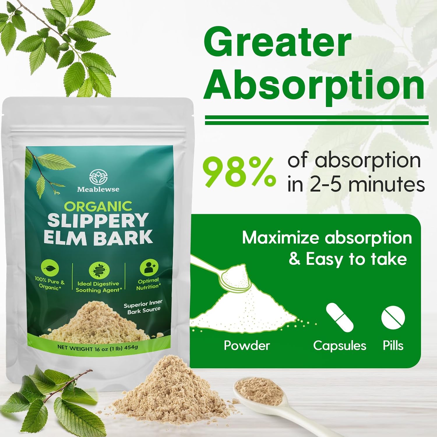 Slippery Elm en Polvo: Corteza Interior Superior 100% Pura, Vegana y sin OGM (1 lb / 349 porciones)