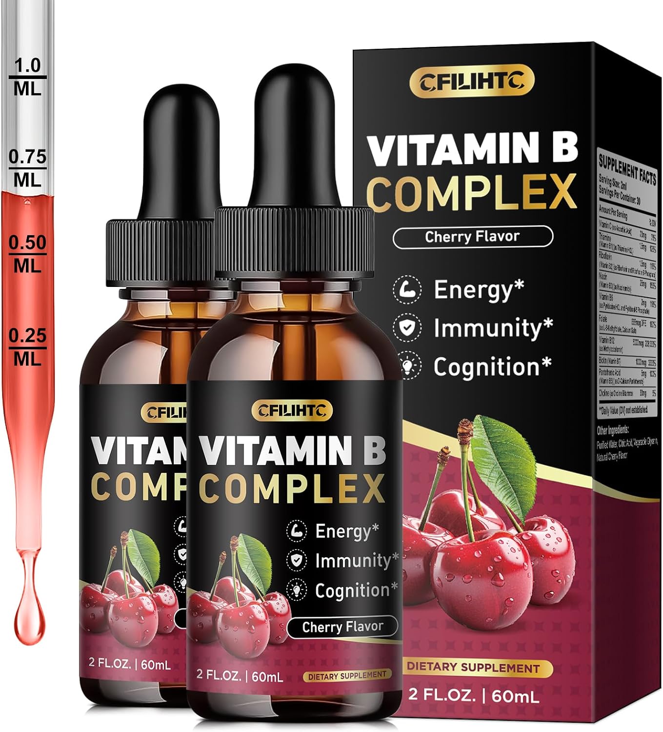 CFILIHTC Complejo B en Gotas Líquidas (2 Pack) - Vitaminas B1, B2, B3, B5, B6, B7, B9 y Metil B12 - Sabor Cereza - Vegano