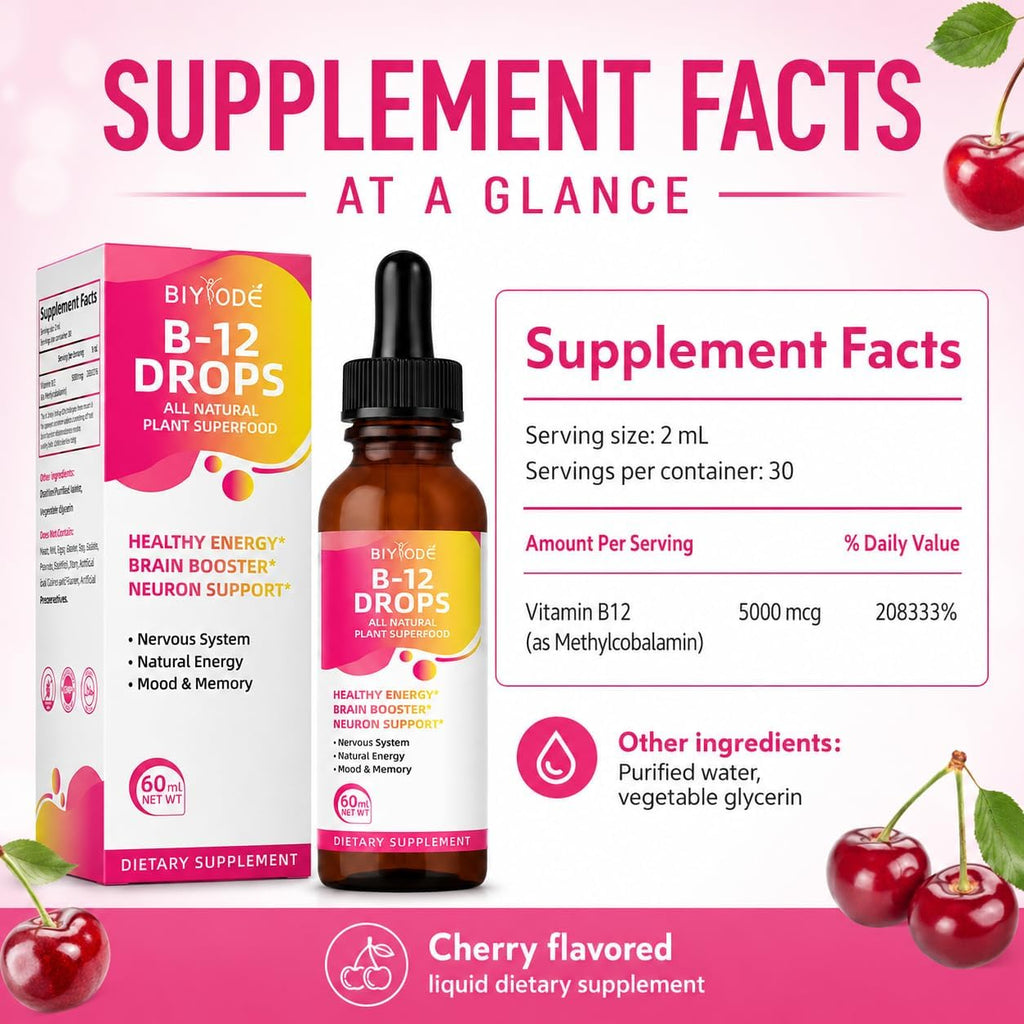 BIYODE Vitamina B12 5000 mcg Gotas Líquidas Sublinguales Sabor Cereza 60 ml
