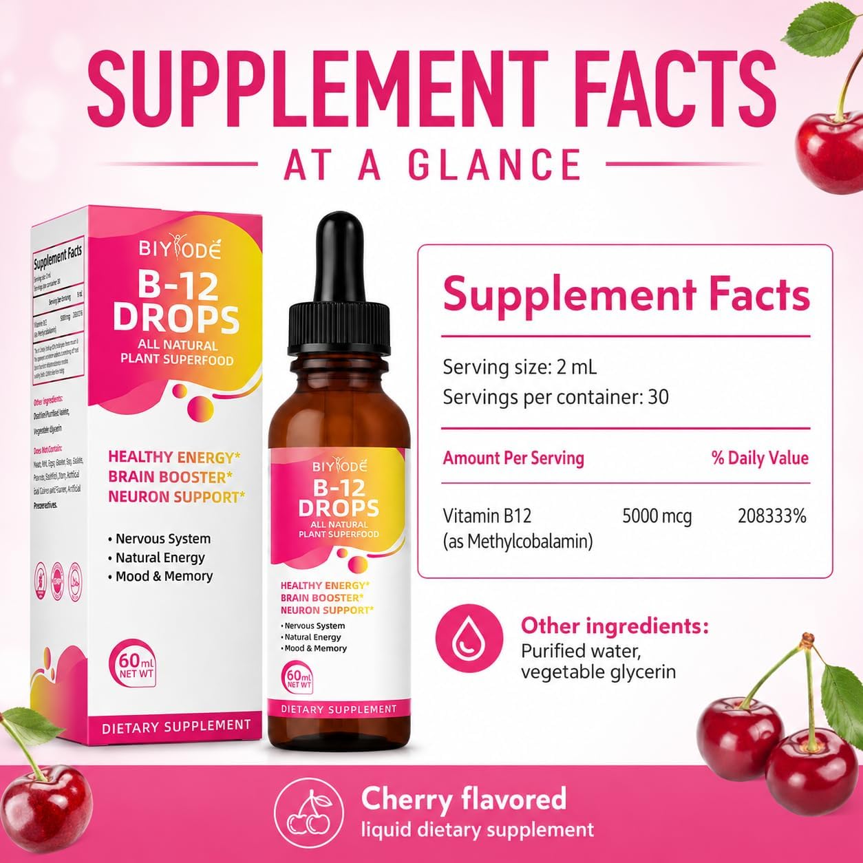 BIYODE Vitamina B12 5000 mcg Gotas Líquidas Sublinguales Sabor Cereza 60 ml