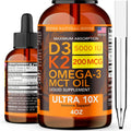 Gotas líquidas de Vitamina D3 y K2 5000 UI (118 ml) - Fórmula de máxima potencia con MCT y Omega 3