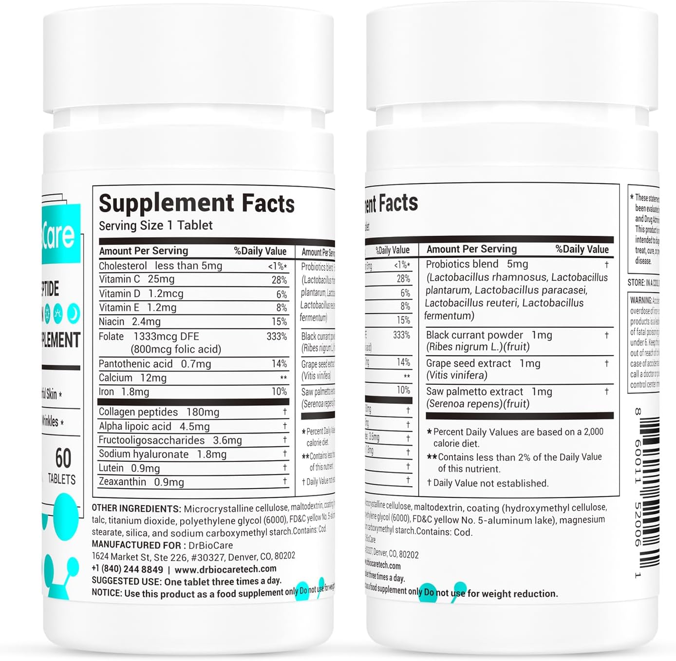 DrBioCare Péptidos de Colágeno para Mujeres con Vitaminas D3, E, Complejo B y Probióticos - 60 Comprimidos