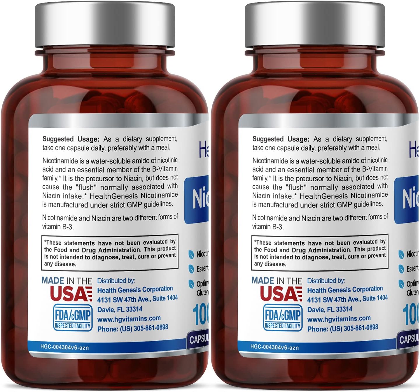 B-3 Nicotinamida 500 mg 100 Cápsulas (2 Paquetes) - Fórmula de Niacina Natural Sin Enrojecimiento - Health Genesis
