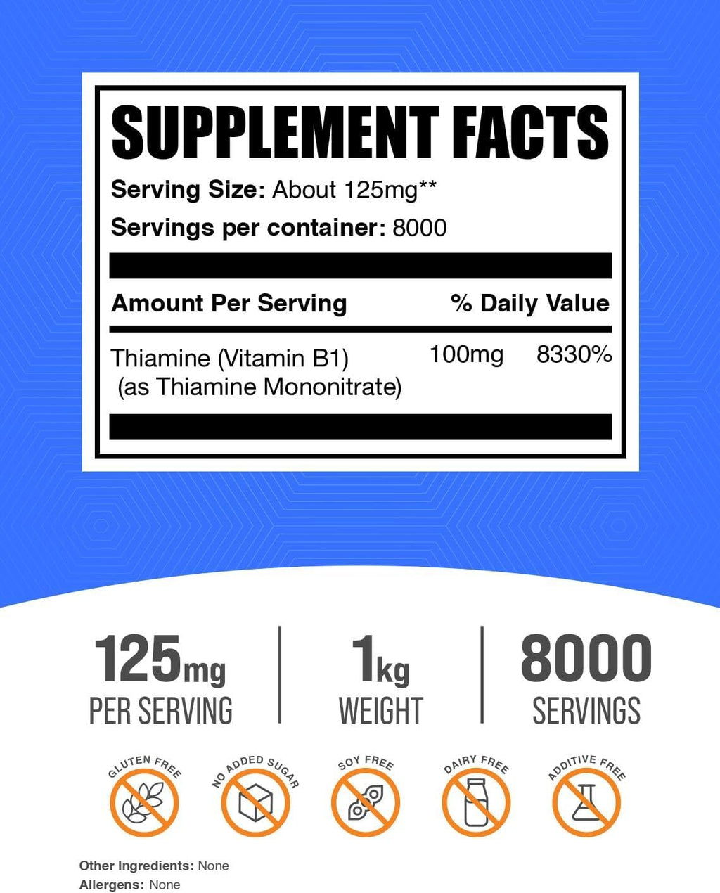 BulkSupplements.com Polvo de Tiamina Mononitrato - Vitamina B1, 125 mg por dosis, 1 kg (2.2 lbs)