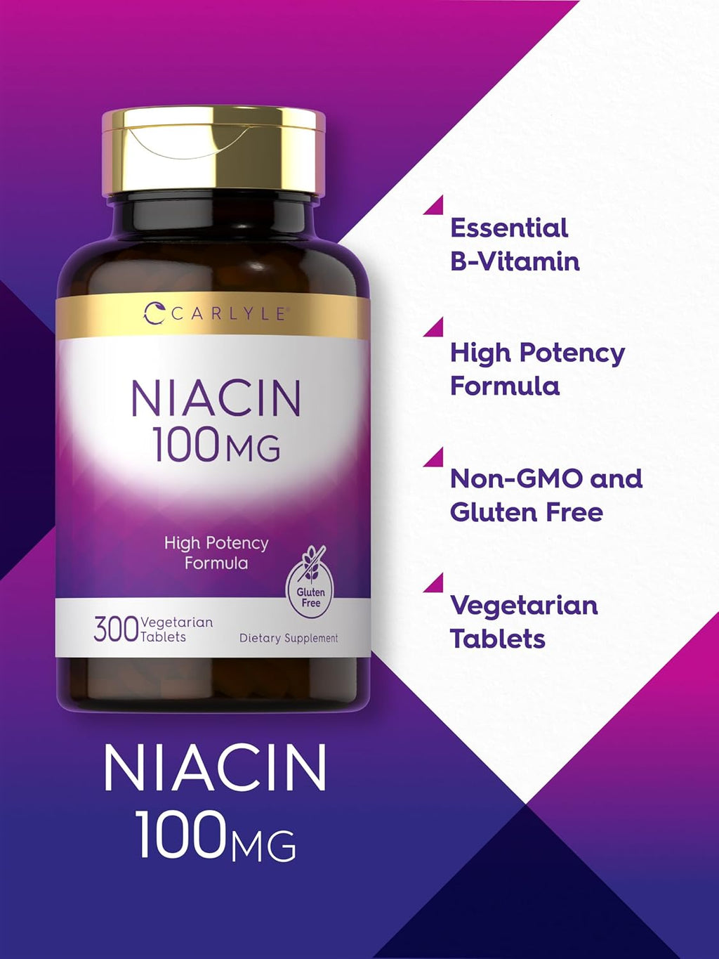 Carlyle Niacina 100mg | 300 Comprimidos Vegetarianos | Sin Gluten, No OGM | Alta Potencia