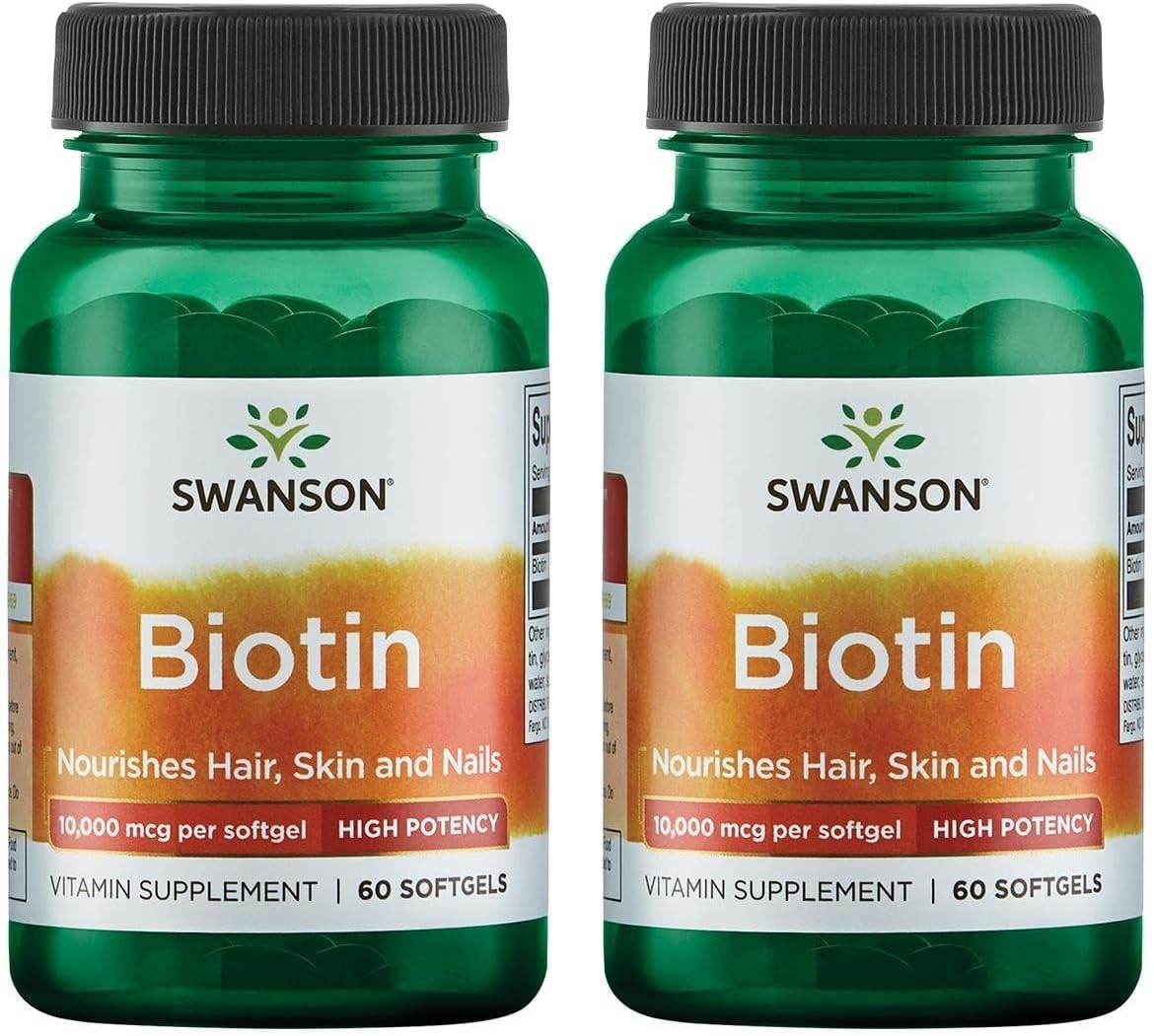 Swanson Biotin - Biotina de Alta Potencia 10.000 mcg, 60 Cápsulas Blandas (Pack de 2)
