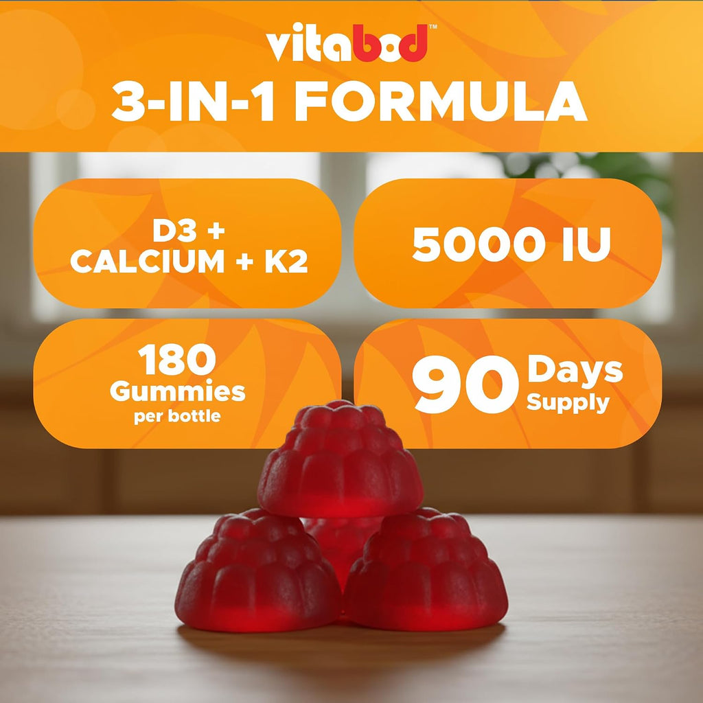 Vitabod Vitamin D3 + K2 Gummies – Gominolas Veganas de Frambuesa – 180 uds