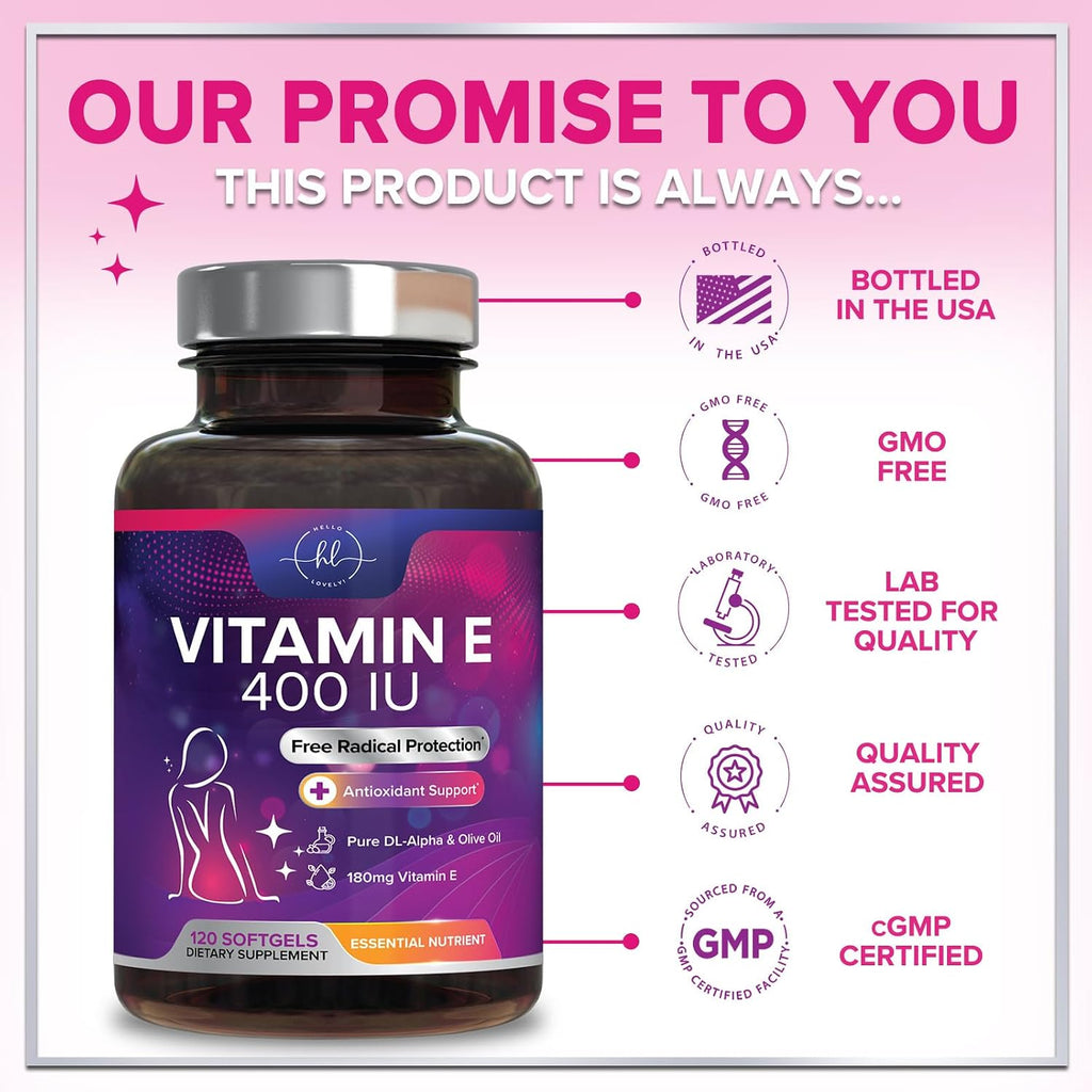 Hello Lovely Vitamina E 180 mg - Suplemento de dl-Alfa Tocoferol - 120 Cápsulas Blandas