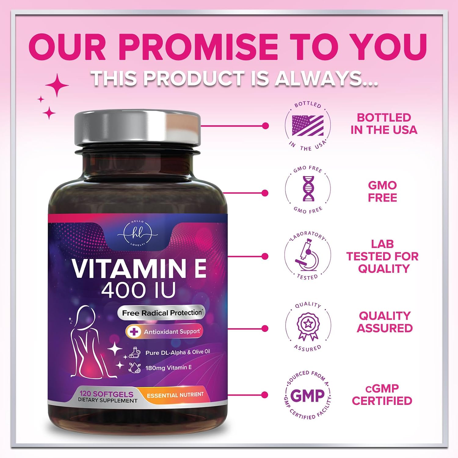 Hello Lovely Vitamina E 180 mg - Suplemento de dl-Alfa Tocoferol - 120 Cápsulas Blandas