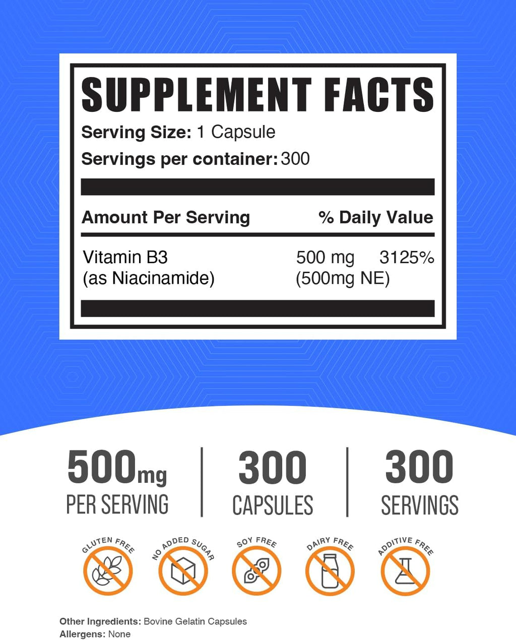 Niacinamida 500mg Cápsulas - Suplemento de Vitamina B3, Sin Gluten, 300 Cápsulas