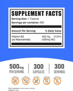 Niacinamida 500mg Cápsulas - Suplemento de Vitamina B3, Sin Gluten, 300 Cápsulas