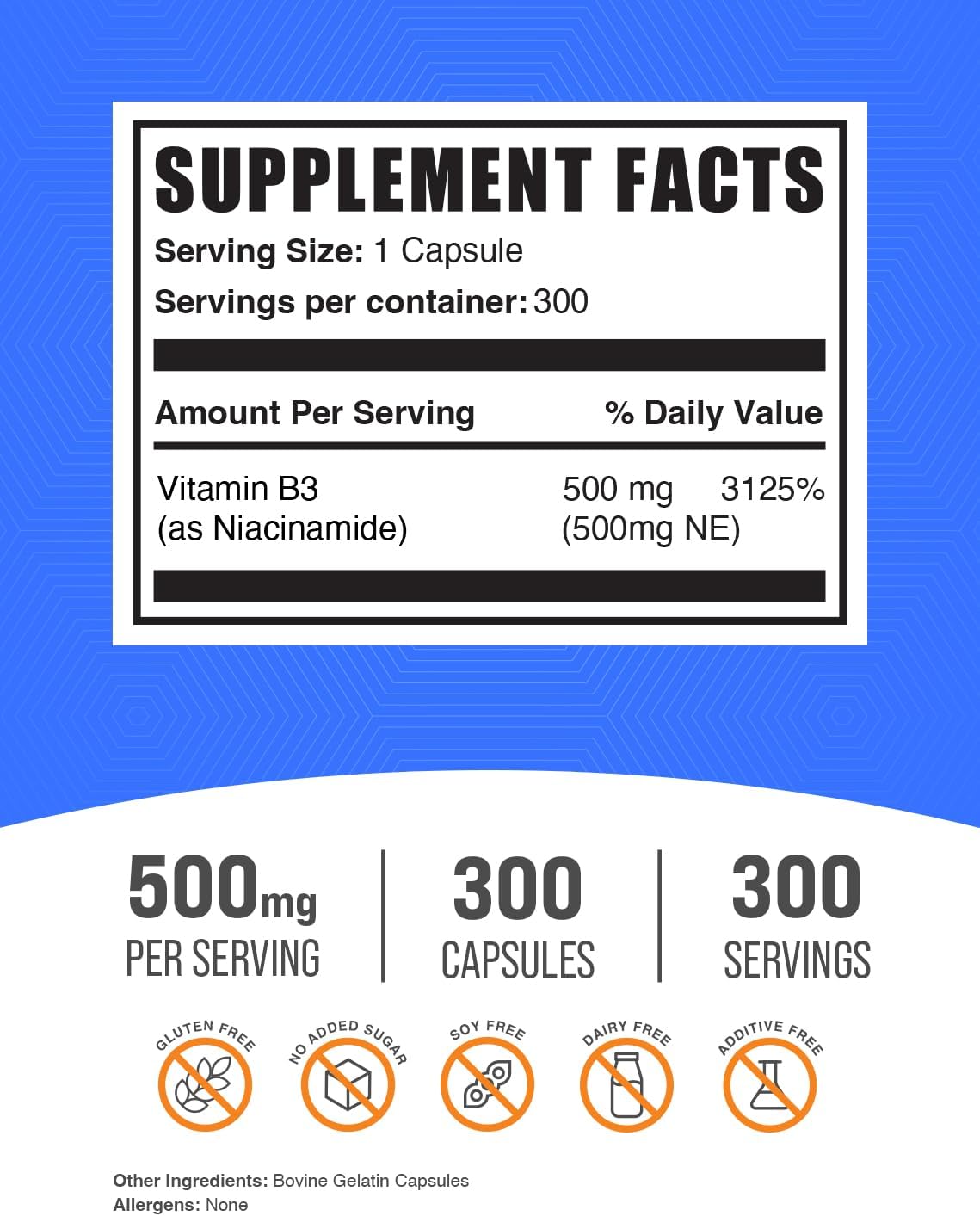 Niacinamida 500mg Cápsulas - Suplemento de Vitamina B3, Sin Gluten, 300 Cápsulas