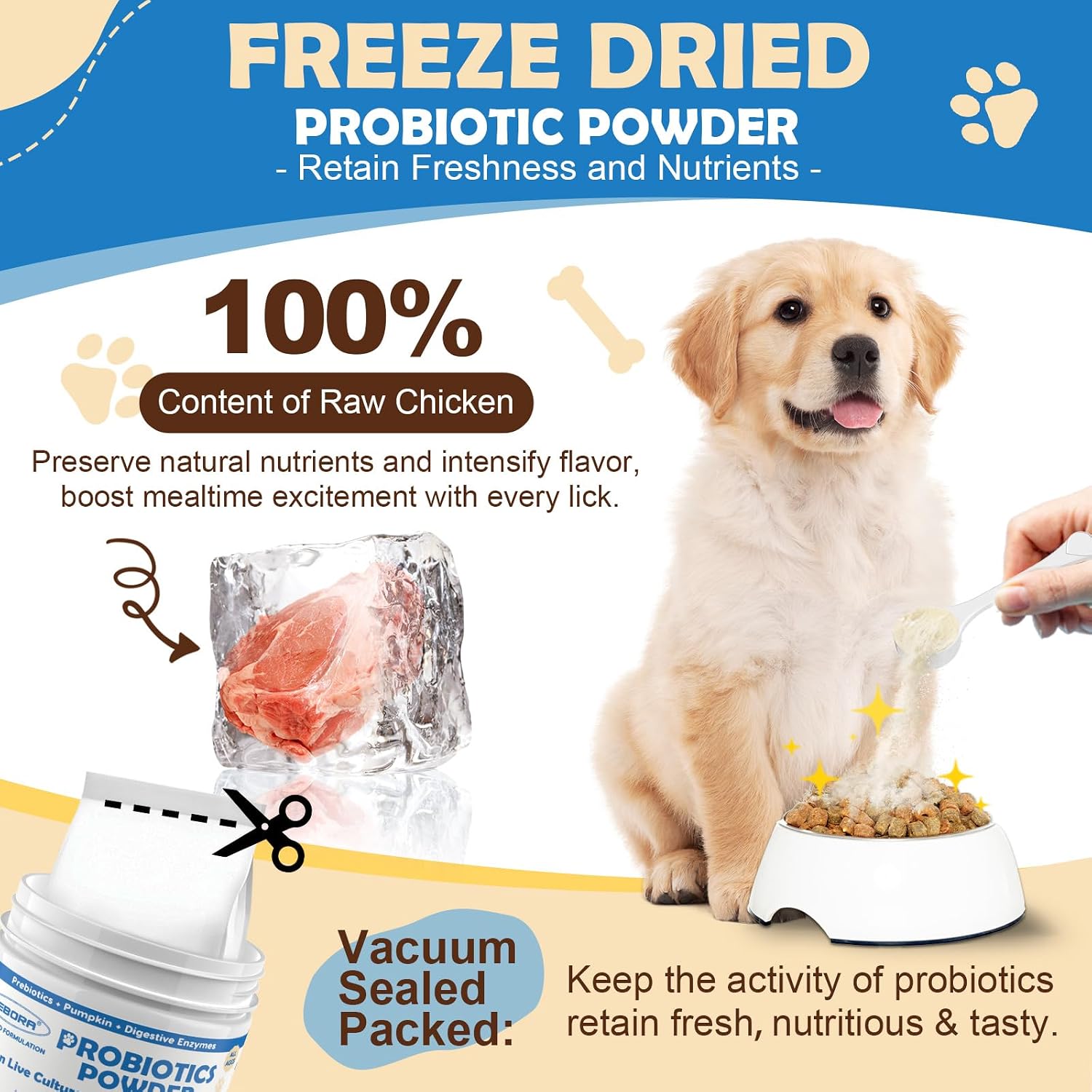 ZEBORA Probióticos para Perros, Polvo con Calabaza, Prebióticos y Enzimas Digestivas, 6 Mil Millones de UFC, Sabor a Pollo, 90 Dosis