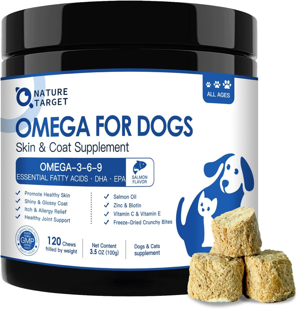 NATURE TARGET Omega 3 Aceite de Pescado para Perros - Suplemento de Aceite de Salmón con EPA y DHA - 120 Masticables