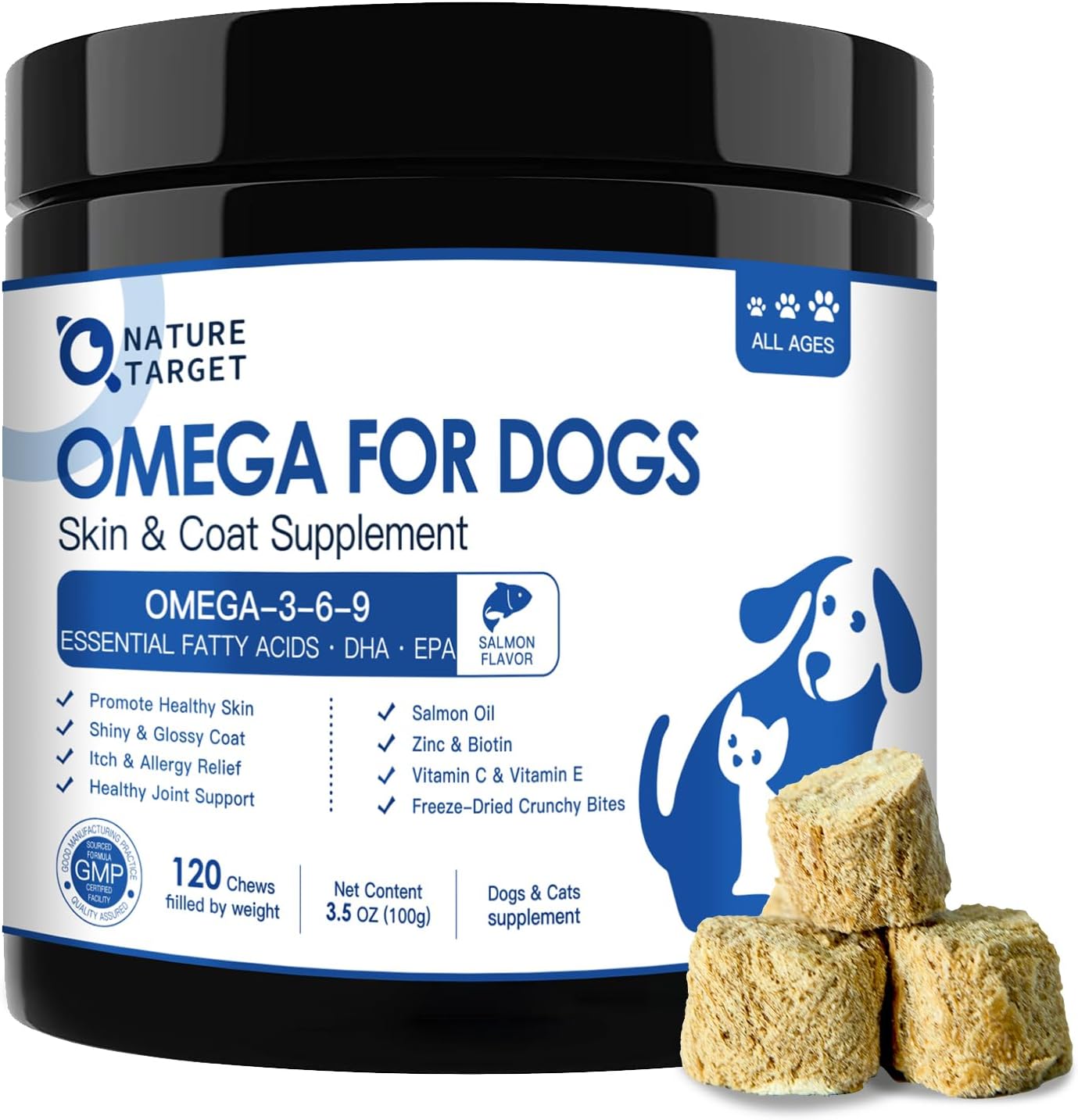 NATURE TARGET Omega 3 Aceite de Pescado para Perros - Suplemento de Aceite de Salmón con EPA y DHA - 120 Masticables