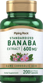 Cápsulas de Extracto de Hoja de Banaba de Piping Rock | 200 Cápsulas | Estandarizado con Ácido Corosólico | Sin OGM, Sin Gluten