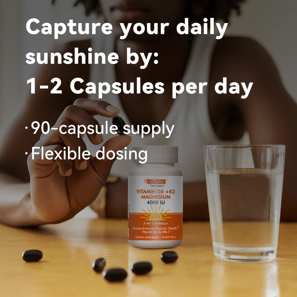 Vevoec Vitamina D3 K2 4000IU con Magnesio 200mg - 90 Cápsulas Blandas