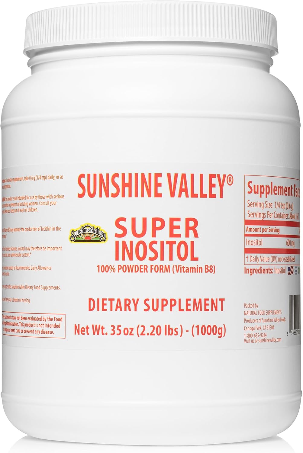 Sunshine Valley® Super Inositol en Polvo – Complemento Alimenticio – Sin Sabor – 226 g