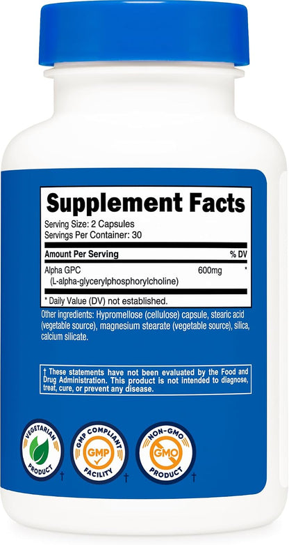Nutricost Alpha GPC 600mg, 60 Cápsulas Vegetarianas - Sin OGM y Sin Gluten – Image 5