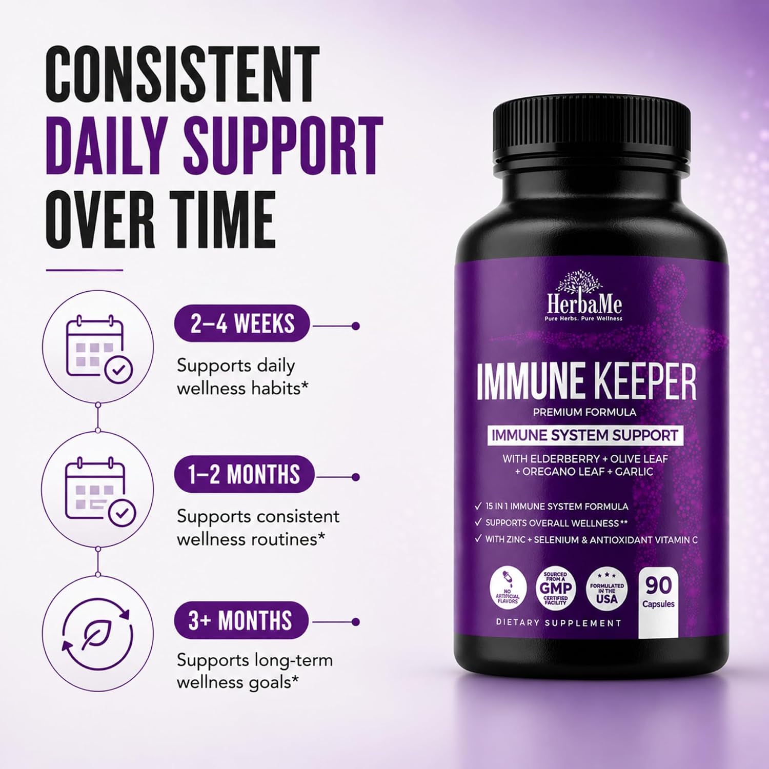HerbaMe Immune Support – Fórmula de Bienestar Diario 15 en 1 con Saúco, Quercetina, Zinc, Vitamina C y Selenio