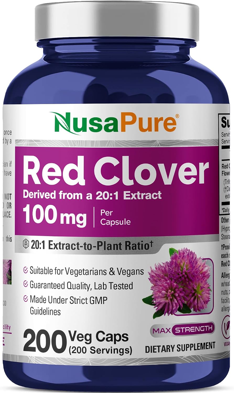 NusaPure Cápsulas de Flores de Trébol Rojo, 100 mg, 200 Cápsulas Veganas (No Transgénico, Vegano)