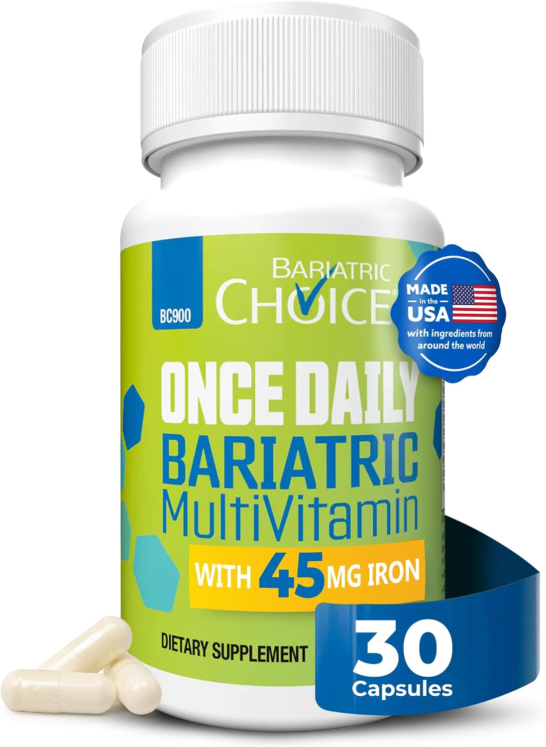 Bariatric Choice Multivitamínico Bariátrico con Hierro 45 mg – Cápsula de una toma diaria para pacientes de bypass gástrico y gastrectomía en manga – 30 cápsulas