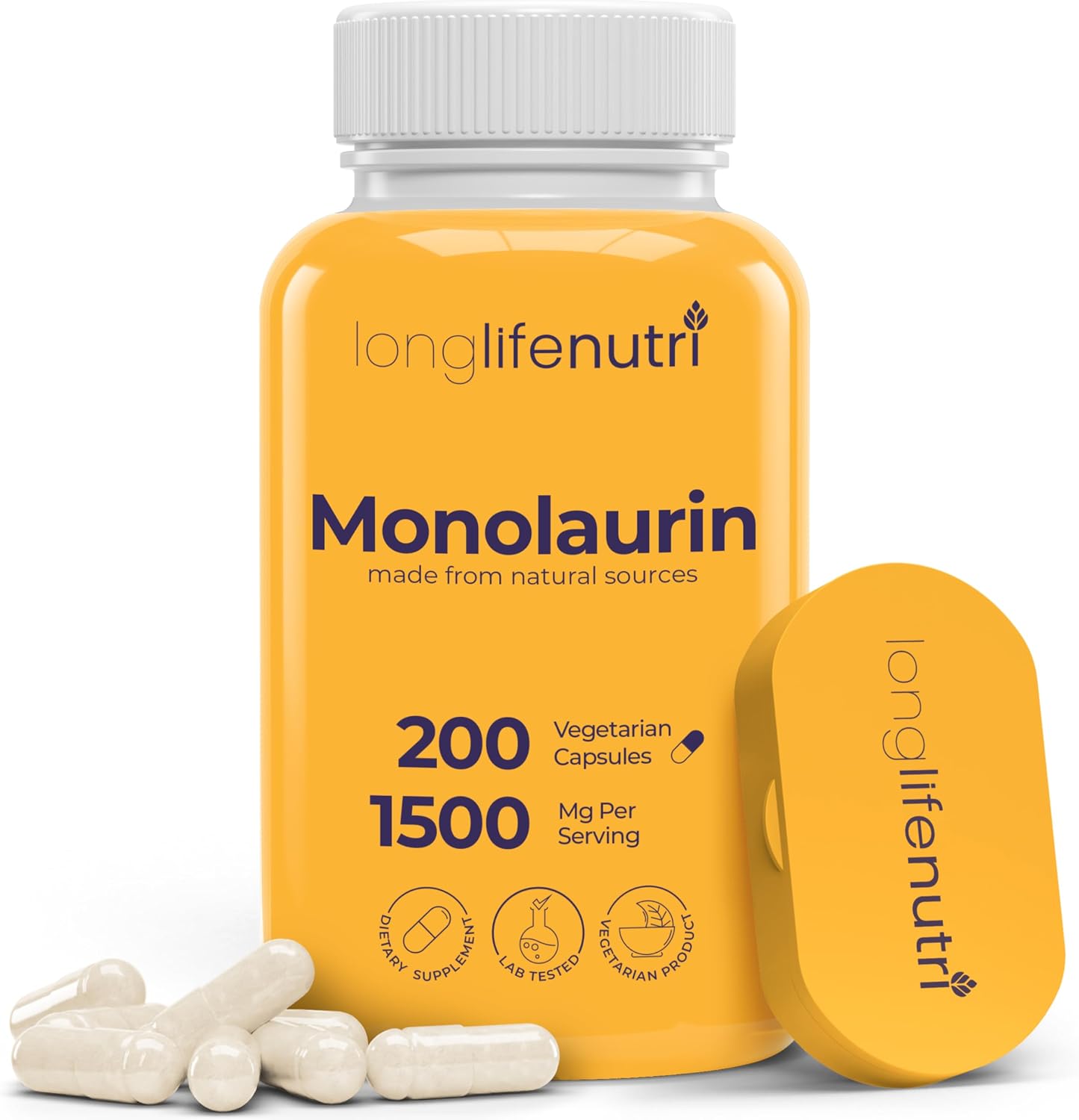LongLifeNutri Monolaurin 1500mg - 200 Cápsulas Vegetarianas - Complemento de Glicerol de Coco Ecológico