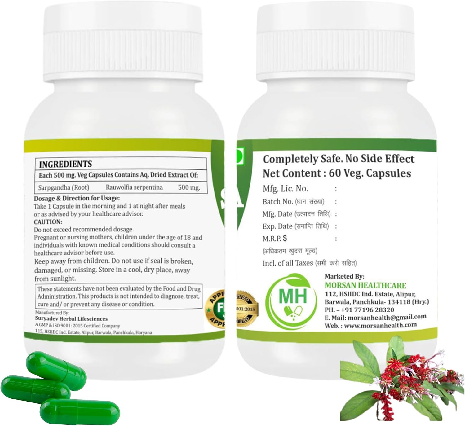 Morsan Healthcare Sarpgandha (Rauwolfia Serpentina) Cápsulas – Pack de 2 x 60 Cápsulas Veganas | Extracto Herbal de 500 mg | Suplemento Ayurvédico Natural