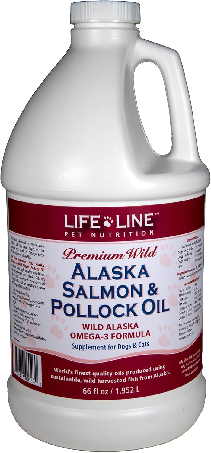 Life Line Pet Nutrition Aceite de Salmón y Pollock de Alaska Salvaje - Suplemento de Omega 3 para Perros y Gatos en Todas las Etapas de la Vida, 66 oz líquidas