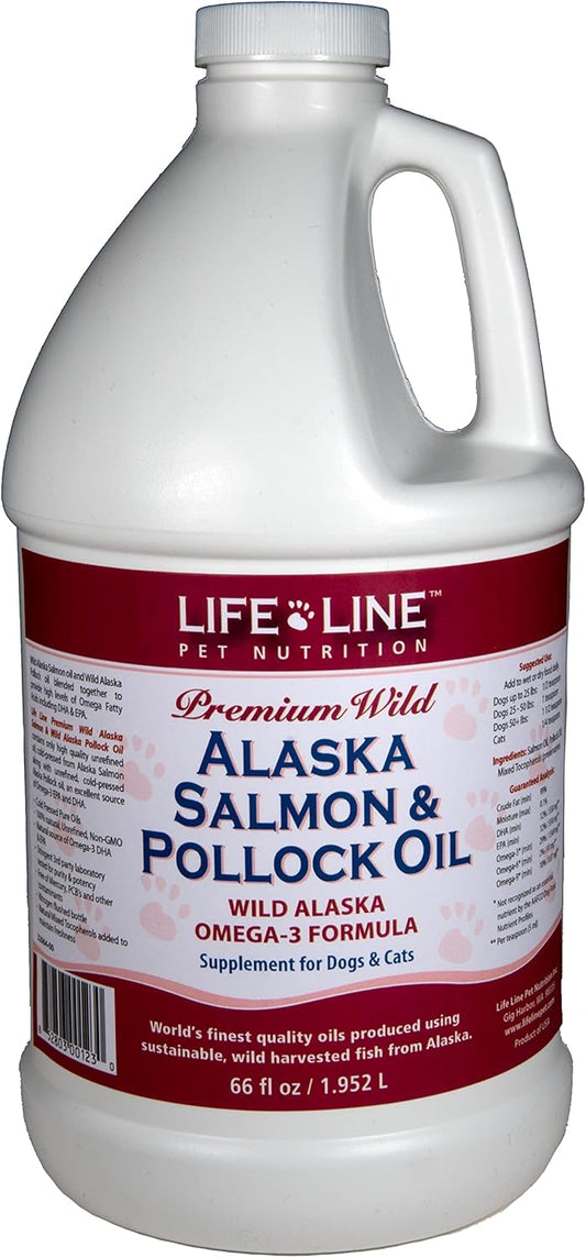 Life Line Pet Nutrition Aceite de Salmón y Pollock de Alaska Salvaje - Suplemento de Omega 3 para Perros y Gatos en Todas las Etapas de la Vida, 66 oz líquidas