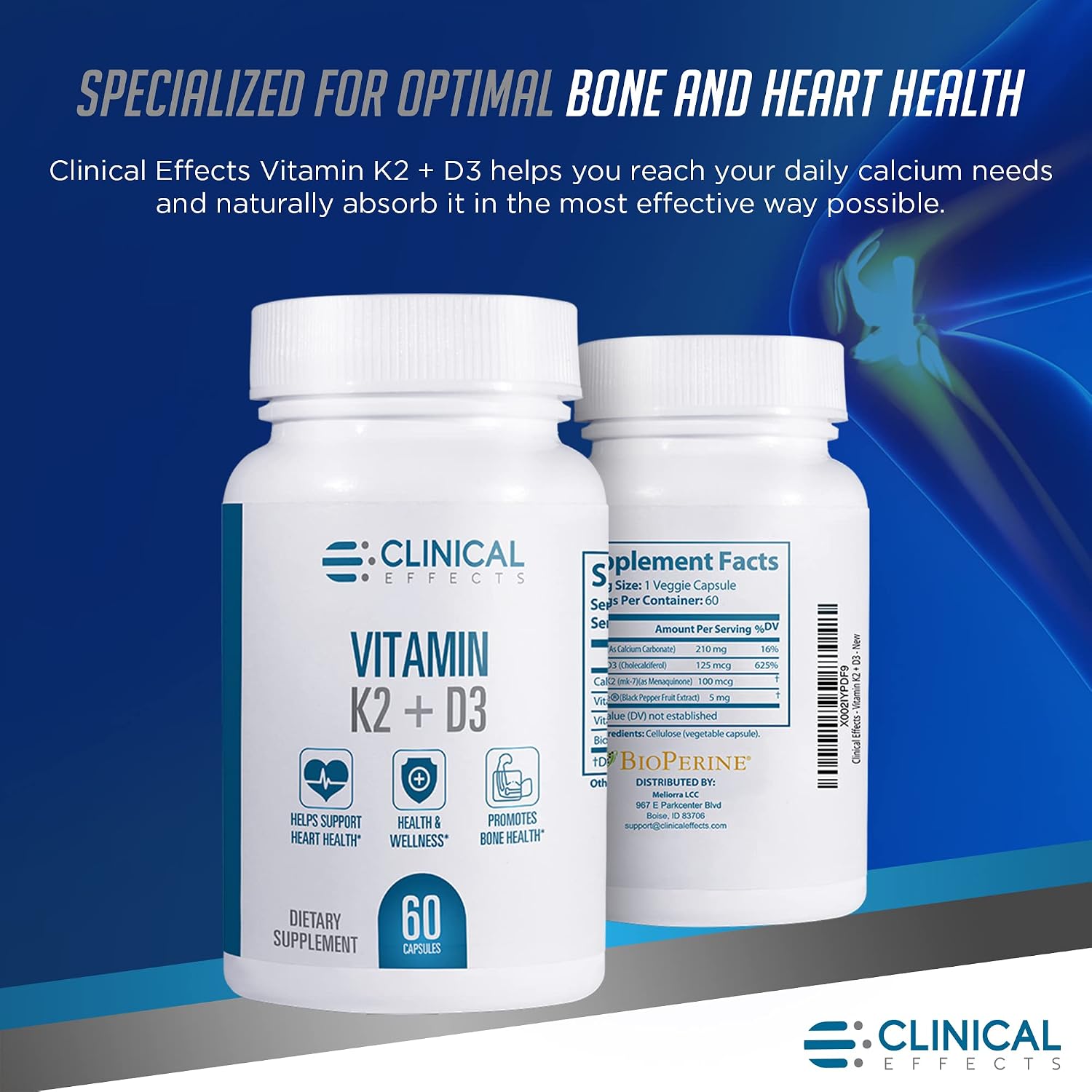 Clinical Effects Vitamina K2 + D3 con Bioperine y Calcio - Pack de 3