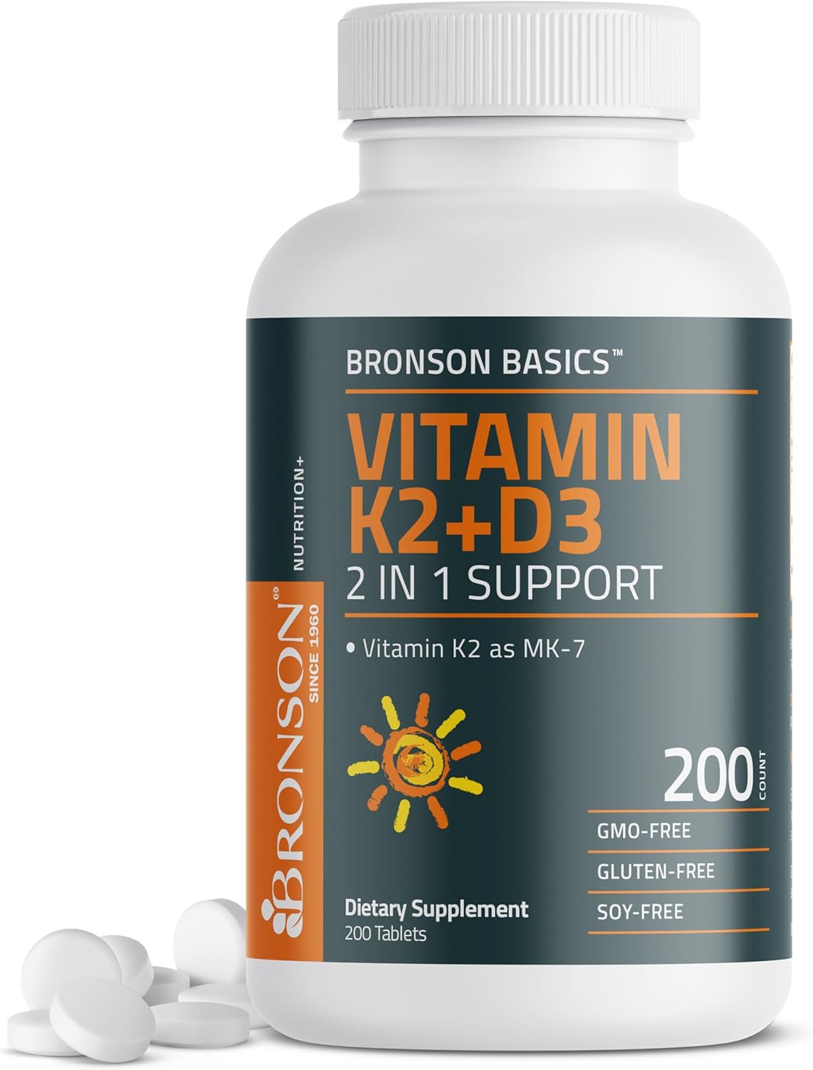 Bronson Vitamina K2 D3 (MK7) Complemento Alimenticio - 5000 UI de Vitamina D3 y 90 mcg de K2 MK-7, 200 Comprimidos