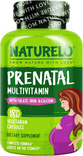 NATURELO Multivitamínico Prenatal con Hierro Quelado Suave, Folato Metílico, Calcio Vegetal y Colina - Vegano - Sin Gluten - 180 Cápsulas