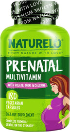 NATURELO Multivitamínico Prenatal con Hierro Quelado Suave, Folato Metílico, Calcio Vegetal y Colina - Vegano - Sin Gluten - 180 Cápsulas