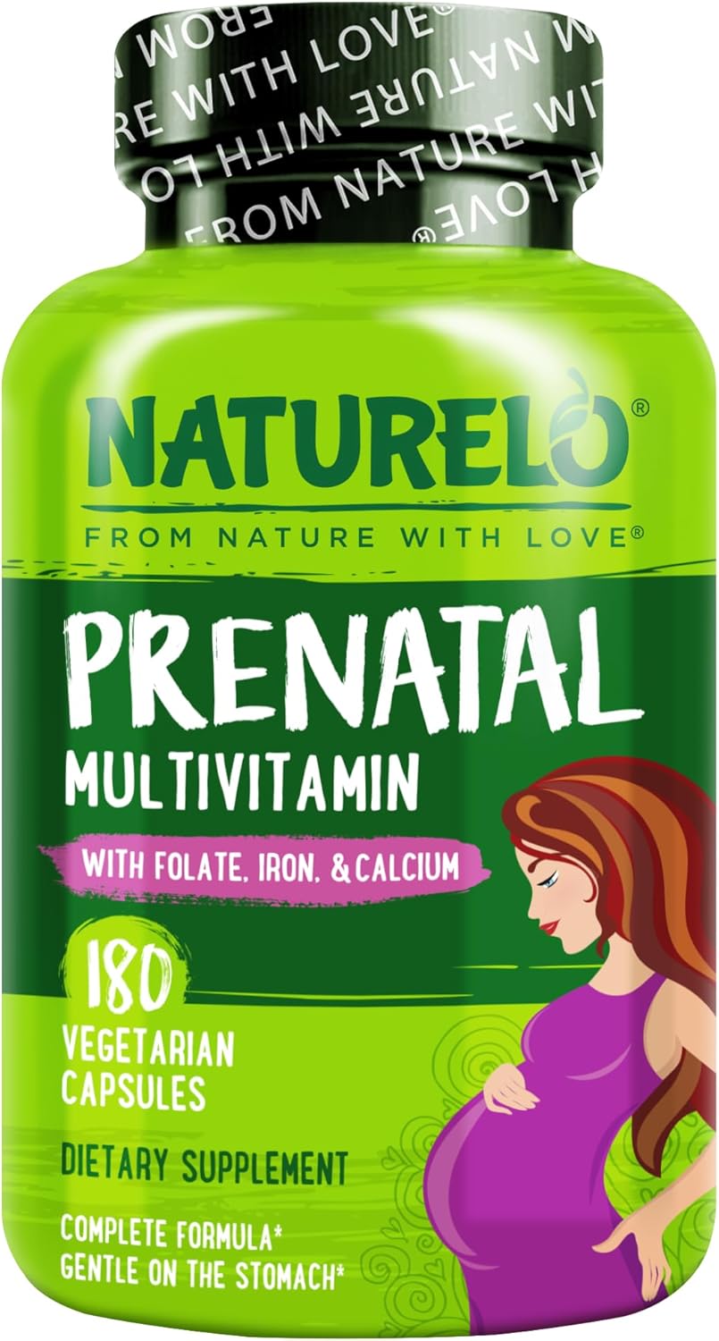 NATURELO Prenatal Multivitamin with Gentle Chelated Iron, Methyl Folate, Plant Calcium & Choline – 180 Cápsulas (Pack de 2)